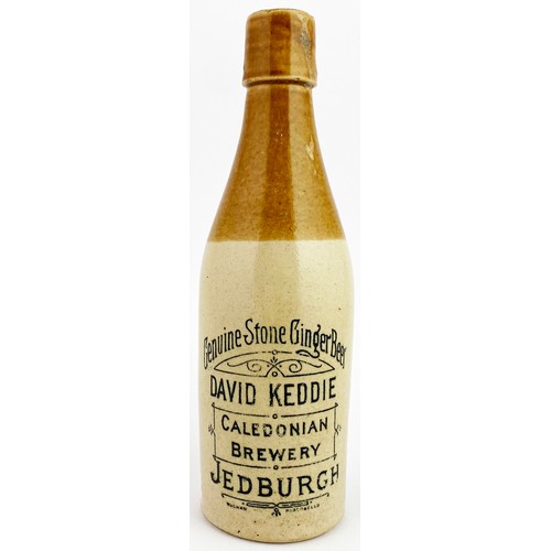 224 - DAVID KEDDIE JEDBURGH GINGER BEER BOTTLE. 8.6ins tall, ch., t.t. Swing square top, Black transfer, C... 