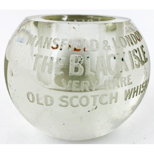 303 - WHISKY ADVERTISING MATCHSTRIKER. 2.1ins tall. Heavy, clear glass, matchstriker, acid etched BOBS/ SP... 