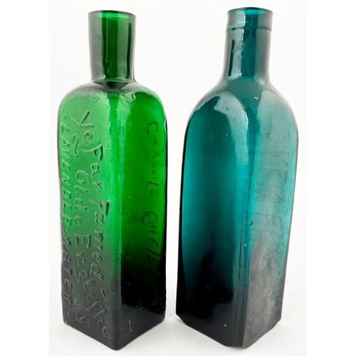 304 - COLOURED GLASS LAVENDER (?) BOTTLES. 5.8ins tall. One turquiose other dark green: JOHN SIMON/.... CH... 