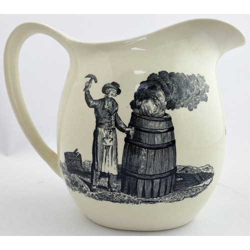 337 - THE COOPERS ARMS JUG. 6.25ins tall. Off white glaze, black transfer, coat of arms type transfer to o... 