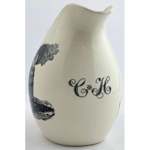 337 - THE COOPERS ARMS JUG. 6.25ins tall. Off white glaze, black transfer, coat of arms type transfer to o... 