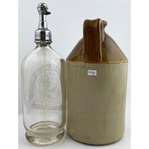 342 - CHELTENHAM SODA SYPHON plus flagon. Tallest 12ins. Clear glass, acid etched soda syphon CHELTENHAM S... 