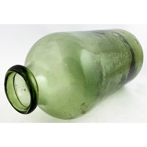 343 - WIDE NECK UTILITY BOTTLE. 10.25ins tall. Light olive green glass, base pontil, wide rounded shoulder... 