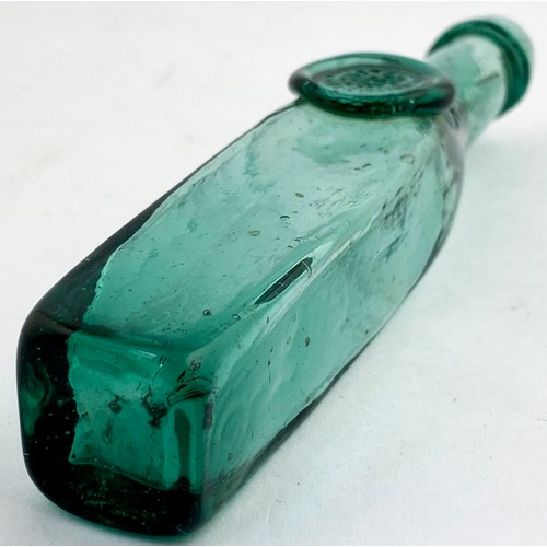 344 - ZARA SEAL BOTTLE. 6ins tall. Turquiosey glass, square body. Chunky body seal. Cute! Mint.