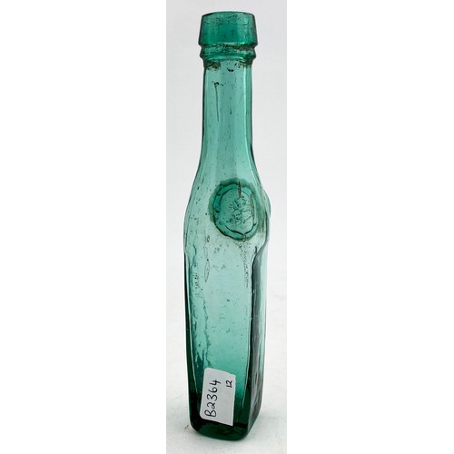 344 - ZARA SEAL BOTTLE. 6ins tall. Turquiosey glass, square body. Chunky body seal. Cute! Mint.