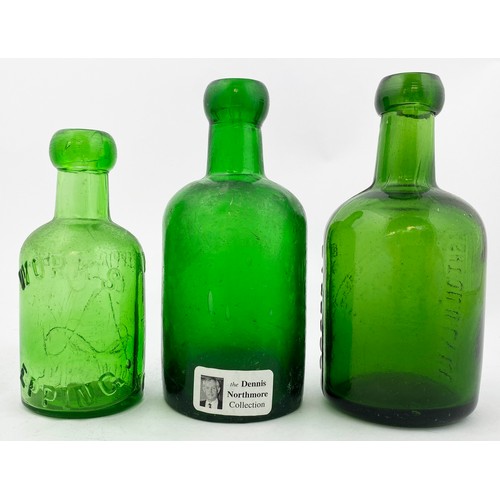 400 - SELTZER TRIO. Tallest 6.5ins. Green glass, embossed CARLISLE, ASHTON. U. LYNE & EPPING. Surface wear... 