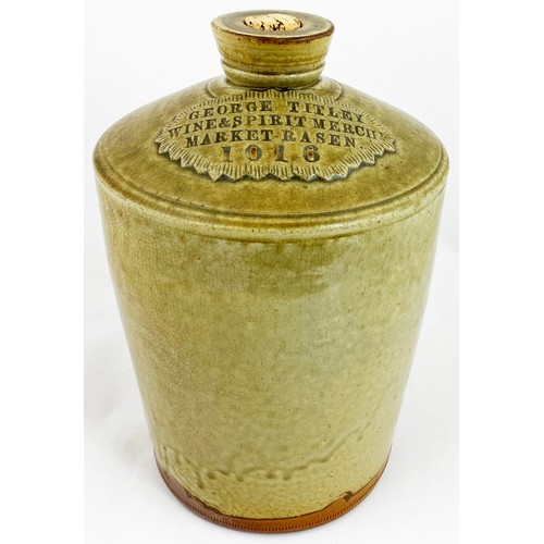 561 - MARKET RASEN FLAGON. 12ins tall. Grey/ green slip glaze, impressed pie crust seal GEORGE TITLEY/ WIN... 