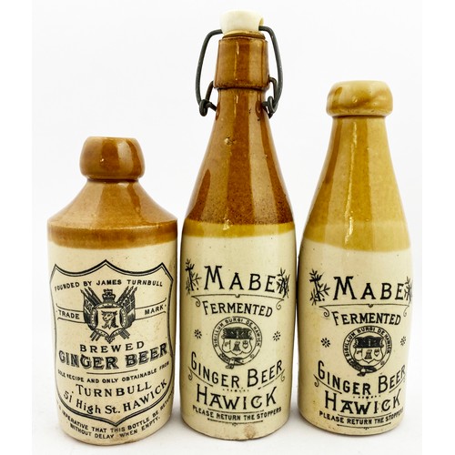 564 - HAWICK GINGER BEER TRIO. Tallest 9.5ins. T.t., 2 x ch, 1 swing stopper, 1 std. 2 x T. MABEN plus TUR... 