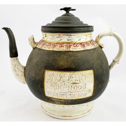 568 - CREWE ADVERTISING TEAPOT. 11ins tall. Multicoloured pattern to neck. Side handle, pewter lid & spout... 