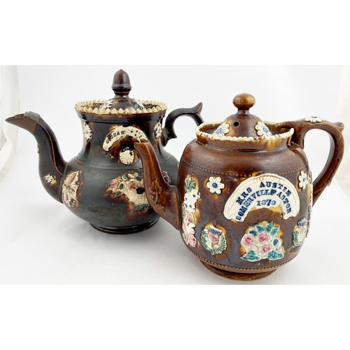 569 - TEAPOT DUO. Tallest 9ins. Browm salt glaze, floral patterns, impressed MRS AUSTIN/ SOMERVILLE ASTON/... 