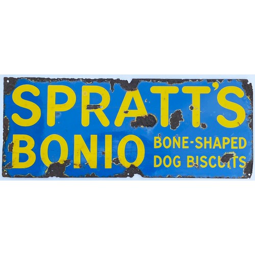 17 - SPRATTS BONIO ENAMEL SIGN. 12 x 30ins. Bright lettering, chips to fixing holes & edge wear but in or... 