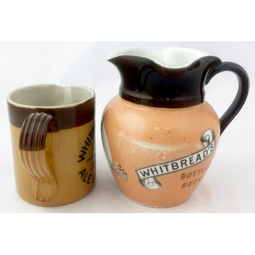 23 - WHITBREADS JUG DUO.Tallest 6ins. One stoneware, other pottery, double transfered. Royal Doulton base... 