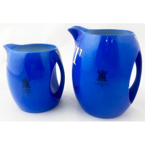 26 - VAT 69 JUG DUO. Tallest 5.25ins. Bright blue & white. Base p.m. Minor surface wear but lovley pair. ... 