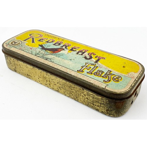 39 - REDBREAST FLAKE TIN. 6.5 x 2.5ins. Rectangular shape, multicoloured front image, inner lid black ima... 