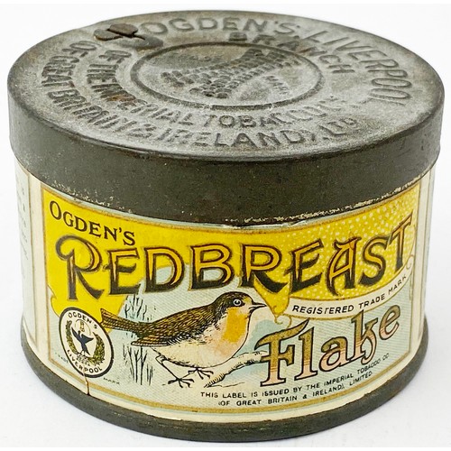 43 - REDBREAST FLAKE CIRCULAR TIN. 2.75ins diam. Multicoloured paper label to outer tin & embossed lid. D... 