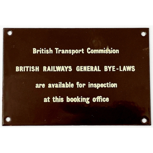 60 - BRITISH RAILWAYS BYE LAWS ENAMEL SIGN. 6 x 4ins.Delightful small size enamel with 4 lines of cream l... 