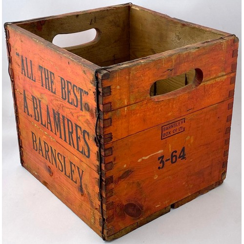 65 - BARNSLEY WOODEN CRATE. 11 x 12 x 12ins. Original period wooden crate, wired strengthening wire. Pain... 