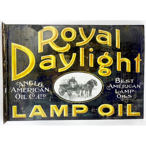 70a - ROYAL DAYLIGHT LAMP OIL ENAMEL SIGN. 21 x 14.5ins. Double sided with hanging flap, each the same fea... 