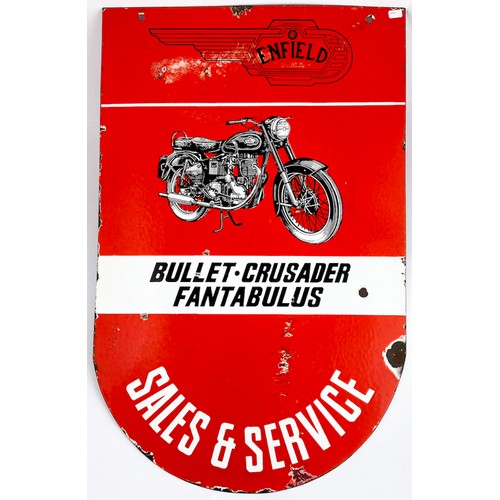 72 - ENFIELD MOTORBIKE ENAMEL SIGN. 25 x 16ins. Double sided, curve base. Overall red ground, black & whi... 