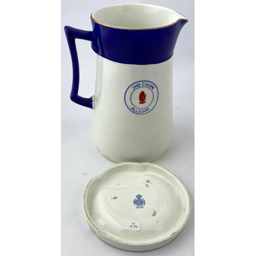 76 - IND COOPE ALLSOPP WATER JUG & ASHTRAY. Largest 7.5ins tall. Large jug, double sided transfer of hand... 