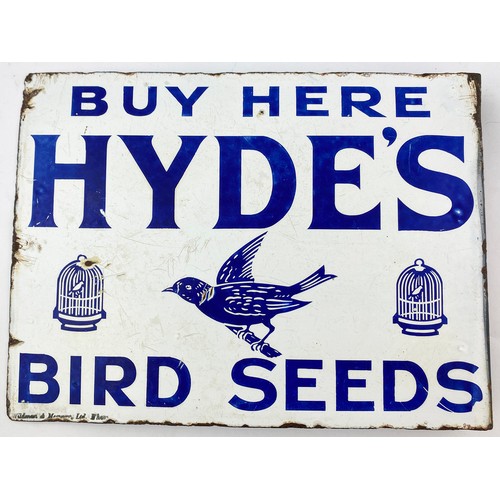 91 - HYDES BIRD SEED DOUBLE SIDED ENAMEL.  12 x 9ins. Pict of bird & cage. Minor edge rusting but an abso... 