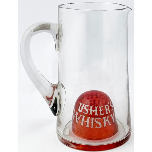 99 - USHERS & TEACHERS CRANBERRY BASED WATER JUGS DUO. Tallest 8ins. Clear glass, side handles, both with... 