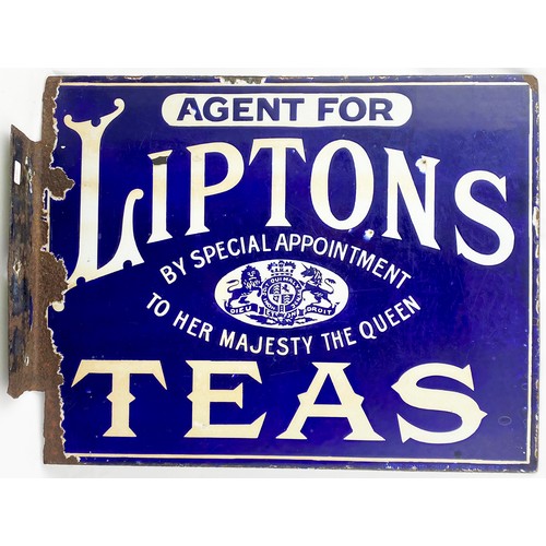 111 - LIPTONS TEAS ENAMEL SIGN.  16.5 x 13ins. Double sided with side hanging flap. Some general surface w... 