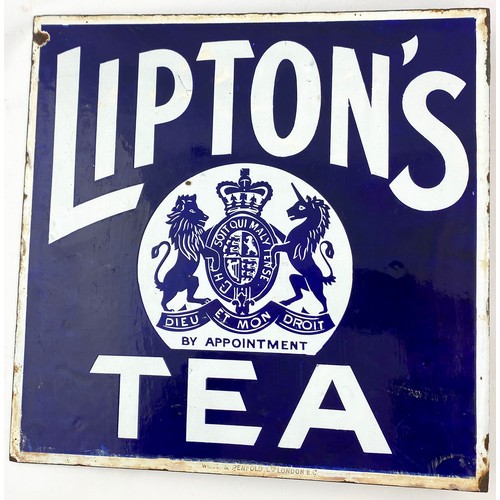 114 - LIPTONS TEAS ENAMEL SIGN. 12 x 12ins. Almost full body sheen with just & a small section of wear/ du... 