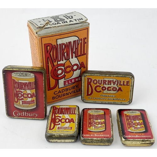 334 - BOURNVILLE COCOA GROUP. Five vesta tins plus cardboard cocoa box - 4ins tall (full, lid tear). Johnn... 