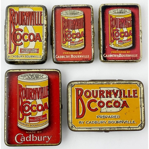 334 - BOURNVILLE COCOA GROUP. Five vesta tins plus cardboard cocoa box - 4ins tall (full, lid tear). Johnn... 