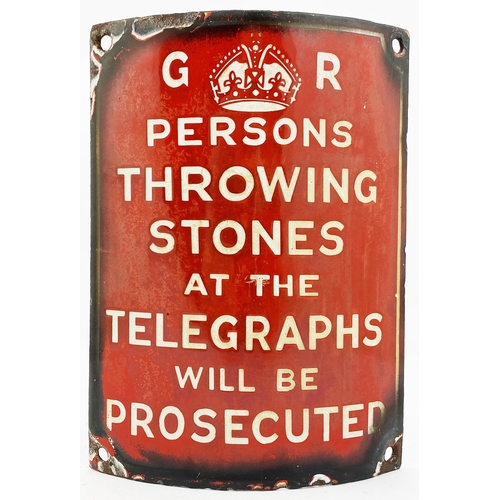 341 - TELEGRAPH POLE ENAMEL SIGN. 7.7 x 5.5ins. Curved shape, white letters on bright red ground. Visible ... 