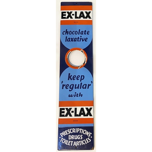 343 - EX LAX CHOCOLATE LAXATIVE ENAMEL SIGN. 36 x 8ins. Brightly coloured sign with full sheen. Centre hol... 