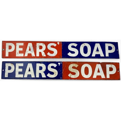 346 - PEARS SOAP ENAMEL SIGN DUO. 18.5 x 2.75ins. White on red & blue, second size is reverse coloured. So... 