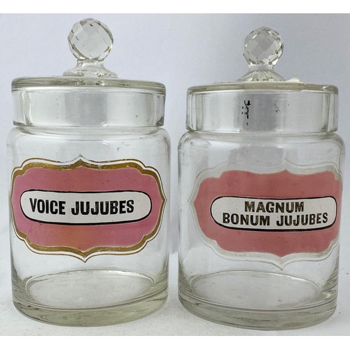 345 - JU JUBE SHOP COUNTER DISPENSING JARS DUO. 7.8ins tall. Clear lead glas jares each with a nob topped ... 