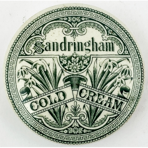 10 - SANDRINGHAM COLD CREAM POT LID. 3ins diam. Another all time classic, complex, green transfer design.... 