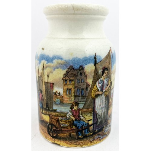 4 - CONTINENTAL FISH MARKET PRATT TYPE FOOD JAR. (KM 304). 3.6ins tall. Multi coloured straight sided ja... 