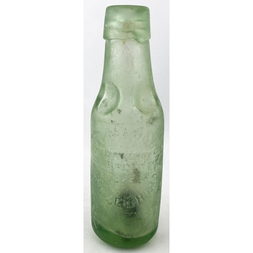 27 - ANSTY CHAPMAN PATENT BOTTLE. 6.8ins tall, aqua glass, all over dull. To front HALL & WOODHOUSE/ entw... 