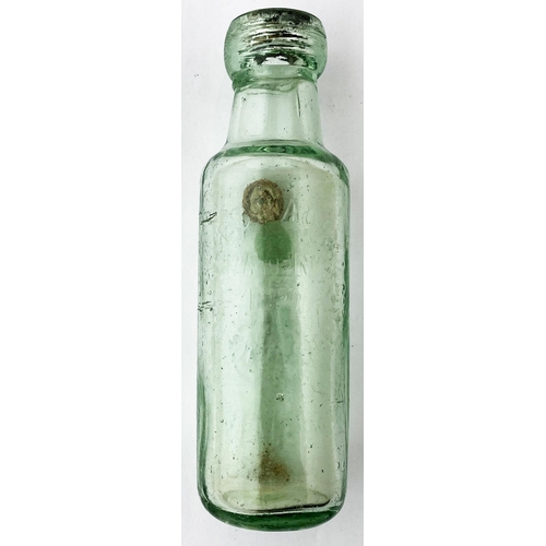 30 - STAINES SYKES MACVAY PATENT BOTTLE. 6.8ins tall., aqua glass, 6oz capacity, original lead internal l... 