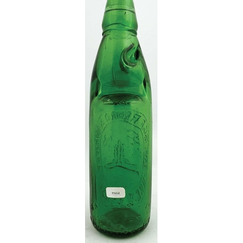 32 - SCARBOROUGH GREEN GLASS CODD BOTTLE. 9ins tall, 10oz capacity, bright emerald green glass. Very heav... 