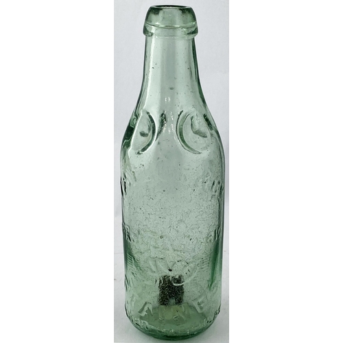 36 - STAINES CHAPMANS PATENT MINERAL WATER BOTTLE. 8.1ins tall, aqua glass, 10oz size. Four prominent cir... 