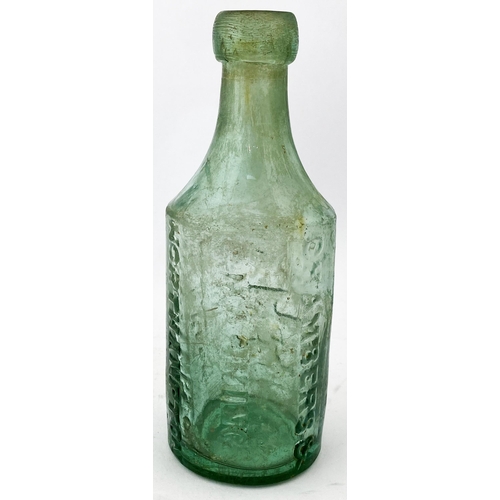 37 - NORTHAMPTON EARLY GLASS GINGER BEER BOTTLE. 7.1ins tall, aqua glass. Straight sided cylinder with di... 