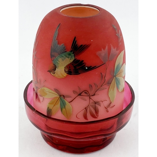 42 - FAIRY DOME LAMP & BASE. Vibrant predominantly vivid red - matt dome, multi coloured highlights of bi... 