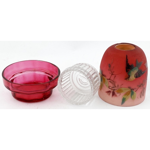 42 - FAIRY DOME LAMP & BASE. Vibrant predominantly vivid red - matt dome, multi coloured highlights of bi... 