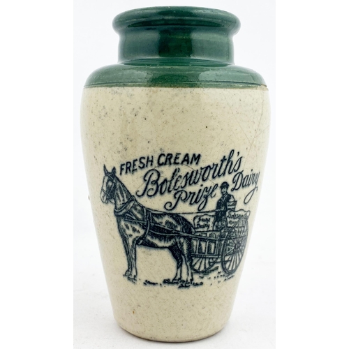 69 - BOLESWORTHS DAIRY CREAM POT. 4.9ins tall. Green top, off white body, stoneware. Large front pict. of... 