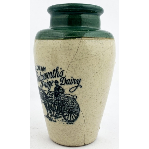 69 - BOLESWORTHS DAIRY CREAM POT. 4.9ins tall. Green top, off white body, stoneware. Large front pict. of... 