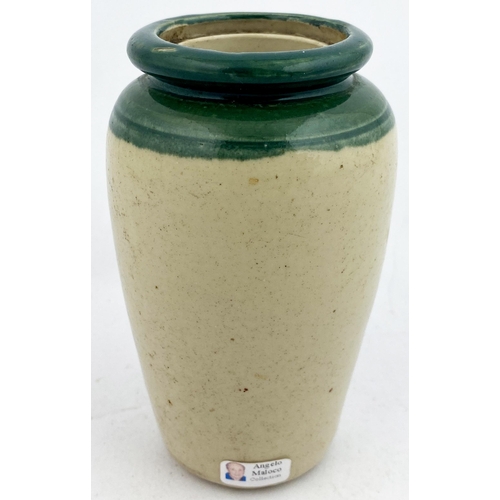 69 - BOLESWORTHS DAIRY CREAM POT. 4.9ins tall. Green top, off white body, stoneware. Large front pict. of... 