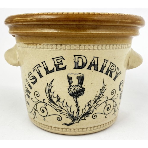 71 - THISTLE DAIRY BUTTER CROCK. 4.5ins tall. Tan rim (wheeled decoration & to bottom edge), 2 side handl... 