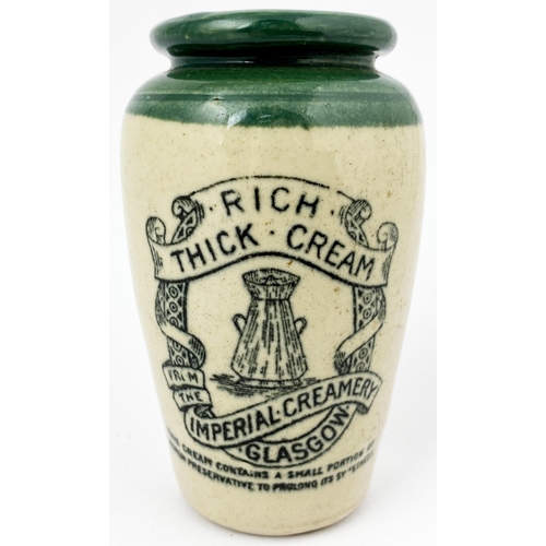 72 - GLASGOW IMPERIAL CREAM POT. 4.3ins tall. Green top, off white body, stoneware, card insert inner. La... 