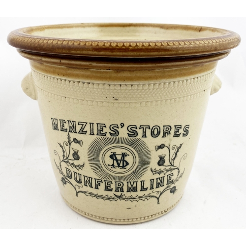 74 - MENZIES DUNFERMLINE STORES BUTTER CROCK. 7.7ins tall. Tan rim (wheeled decoration, & bottom edge), t... 