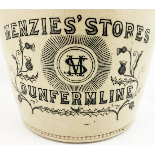 74 - MENZIES DUNFERMLINE STORES BUTTER CROCK. 7.7ins tall. Tan rim (wheeled decoration, & bottom edge), t... 